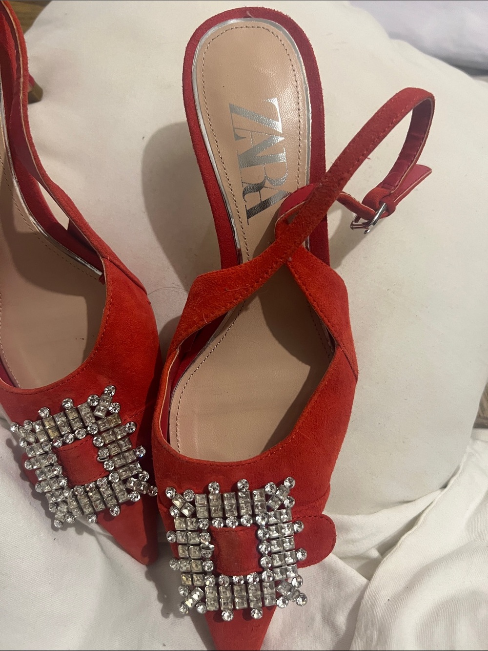 Zara Red Pointed Slingback Heels with Crystal Buckle - Picture 2 of 6